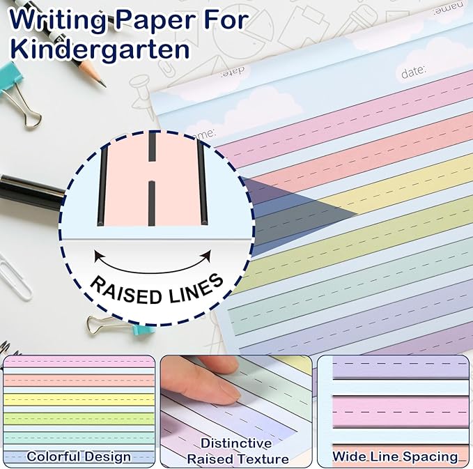 1 Pack 8.5"×11" Raised Lined Writing Paper Pad for Practice 0.65" Spacing Tactile Handwriting Paper Letter Size Multi-Color Write Beginner Paper for Kids ADHD Dysgraphia Kindergarten 30 Sheets/Pad