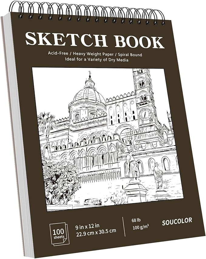 Soucolor 9" x 12" Sketch Book,Top Spiral Sketch Pad,100 Sheets 68lb Acid-Free Drawing Paper for Pencil Sketching Doodling, Art Supplies Journal for Kids Adults Artists