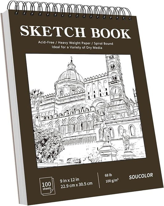 Soucolor 9" x 12" Sketch Book,Top Spiral Sketch Pad,100 Sheets 68lb Acid-Free Drawing Paper for Pencil Sketching Doodling, Art Supplies Journal for Kids Adults Artists