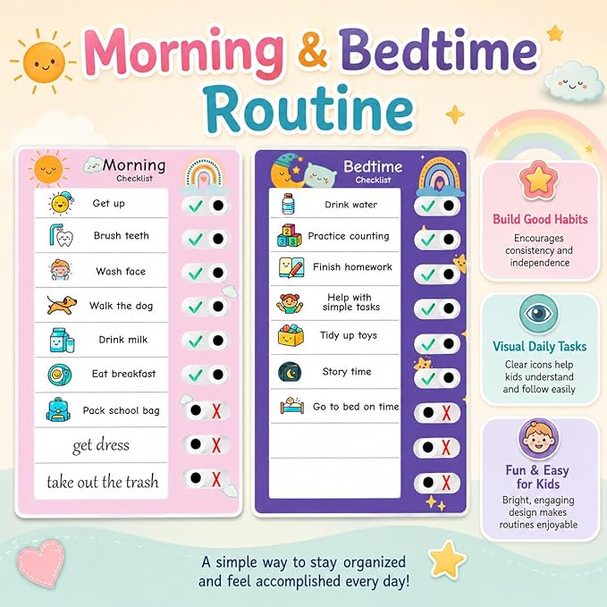 2PCS Magnetic Visual Chore Chart for Kids, Schedule Checklist for Kids, Kids to Do Task (1 Morning Checklist Boards, 1 Bedtime Checklist Boards) (Blue)