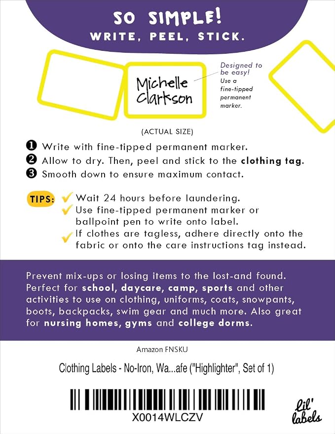 Clothing Labels, Name Labels, Washer and Dryer Safe, No-Iron, Labels for Daycare, Washable, Write-On, Made in the USA, Highlighter Design, Set of 1