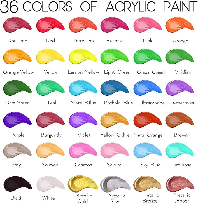 55PCS Acrylic Paint Set of 36 Colors 2fl oz 60ml Bottles 12 Brushes,Non Toxic 36 Colors Acrylic Paint No Fading Rich Pigment for Kids Adults Artists Canvas Crafts Wood Painting