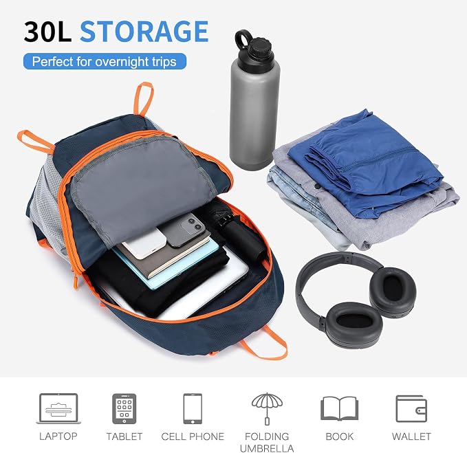 30L Large Hiking Daypack, Foldable Outdoor Backpack, Dark Blue | Packable Daypacks for Men Women, Lightweight Water-Repellent Collapsible Daypack for Commuting Outdoor Sports Camping
