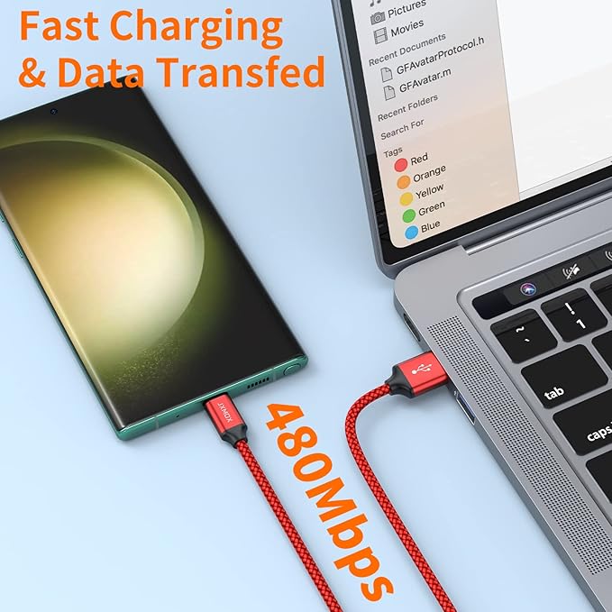 JXMOX USB Type C Cable (6.6ft 2-Pack), USB-A to USB C 3A Fast Charging Cord Compatible with iPhone 15 16 Pro Max, Samsung Galaxy S22 S21 S20 Ultra S10 S9 S8, Note 10 9 8 A80 A70, USB C Charger (Red)