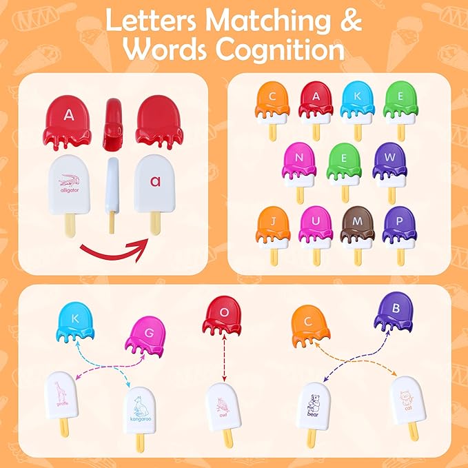 USATDD ABC Alphabet Learning Toys Alphabet Popsicles Animal Matching Toy Uppercase Lowercase Preschool Learning Activities Montessori Toys Gifts for Kids Toddlers, 52 Pcs