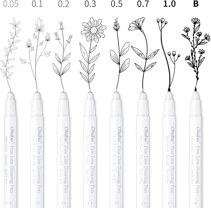 Ohuhu Fineliner Pens Micro Drawing Pens: 8-size Tips (Ultra-fine, Fine & Brush) Waterproof Pigment Black Ink for Illustration Drawing Journaling Sketching for Artist Beginners