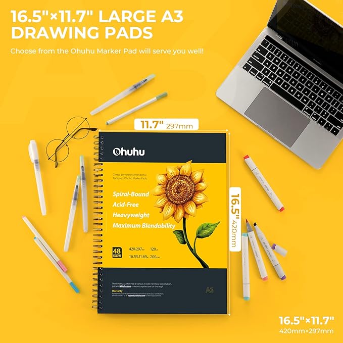 Ohuhu Marker Pads Art Sketchbook, 16.5"x11.7" XL A3 Large Paper Size, 120 lb/200 gsm Heavy Smooth Drawing Papers, 48 Sheets/96 Pages, Spiral Bound Sketch Book for Alcohol Markers Christmas Gift