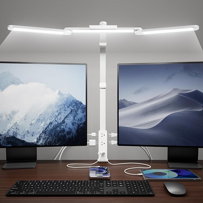 SUPERDANNY LED Desk Lamp with Power Strip (6 Outlets, 1 USB, 1 Type-C) for Home Office, Desk Light Computer Light with Clamp, Architect Desk Lamp with Smooth Dimming 5 Colors (White)