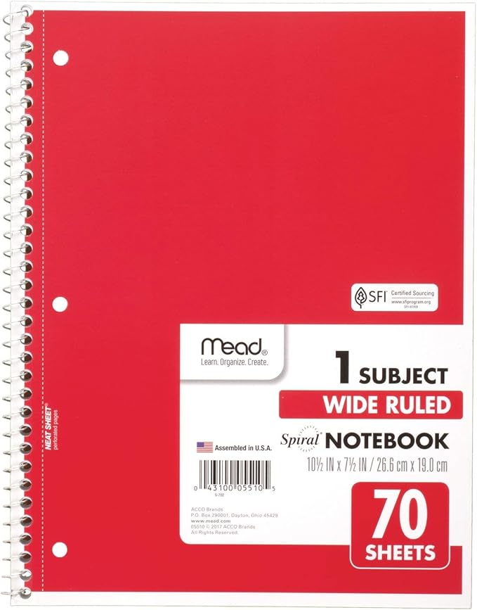 Mead Spiral Notebook, 1 Subject, Wide Ruled Paper, 7-1/2" x 10-1/2", 70 Sheets per Notebook, Colors Will Vary (930201-ECM25) (Pack of 24)