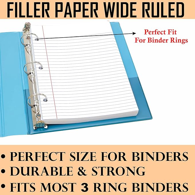 PARTH IMPEX Loose Leaf Paper, 450 Sheets, 3 Pack, 56 gsm, 8" x 10.5" Wide Ruled Filler Notebook Paper, 3 Hole Punched, 150 Sheets/Pack, Bulk Loose Leaf for 3 Ring Binders, White