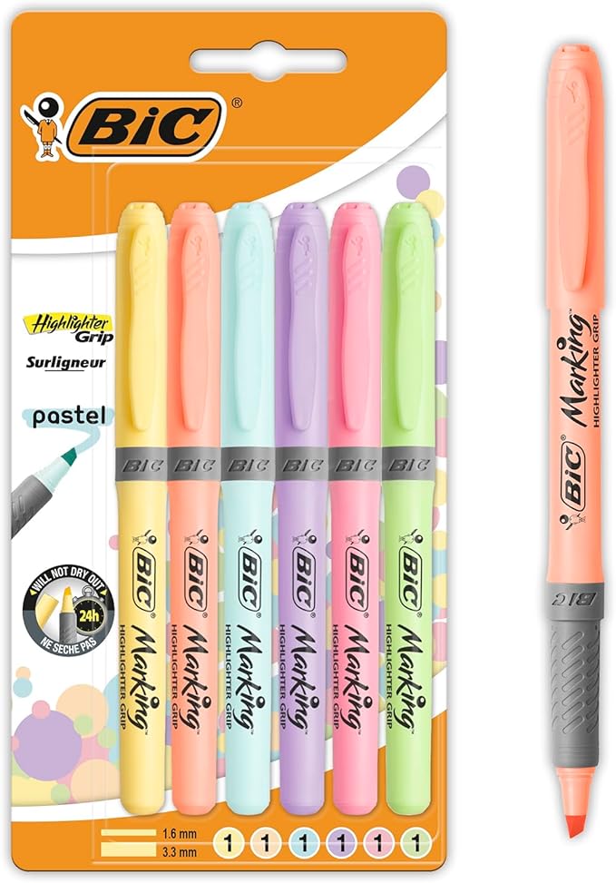 BIC Highlighter Grip Pastel, Highlighter Pens with Adjustable Chisel Tip, Rubber Grip for Extra Comfort, Assorted Colours, Pack of 6