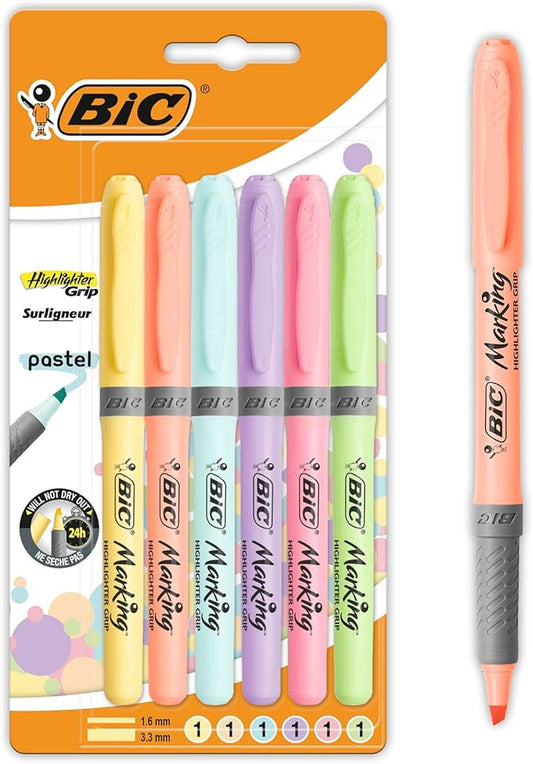BIC Highlighter Grip Pastel, Highlighter Pens with Adjustable Chisel Tip, Rubber Grip for Extra Comfort, Assorted Colours, Pack of 6