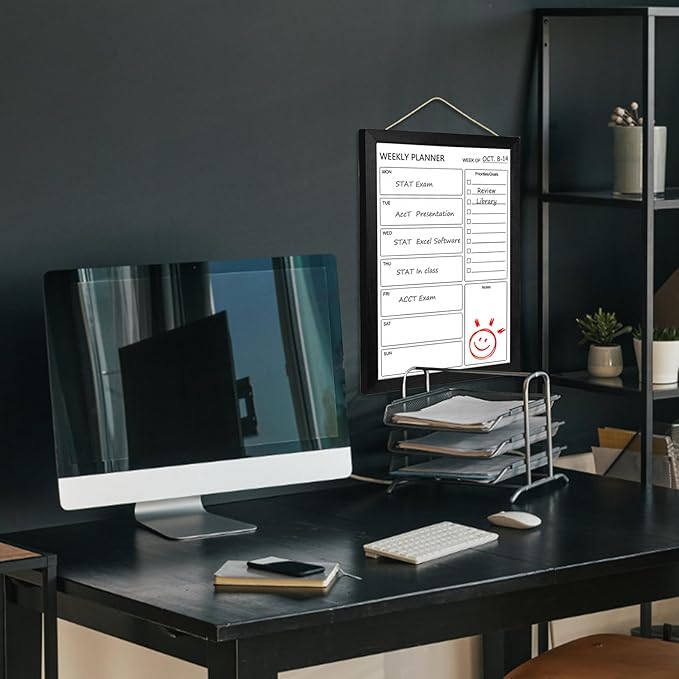Dry Erase White Board Weekly Calendar Board, Magnetic Whiteboard for Wall, 10.6“x14.7” Solid Wood Black Framed Message Board, Planner Board for Office, Home, School(Weekly-BB-BK-2737)