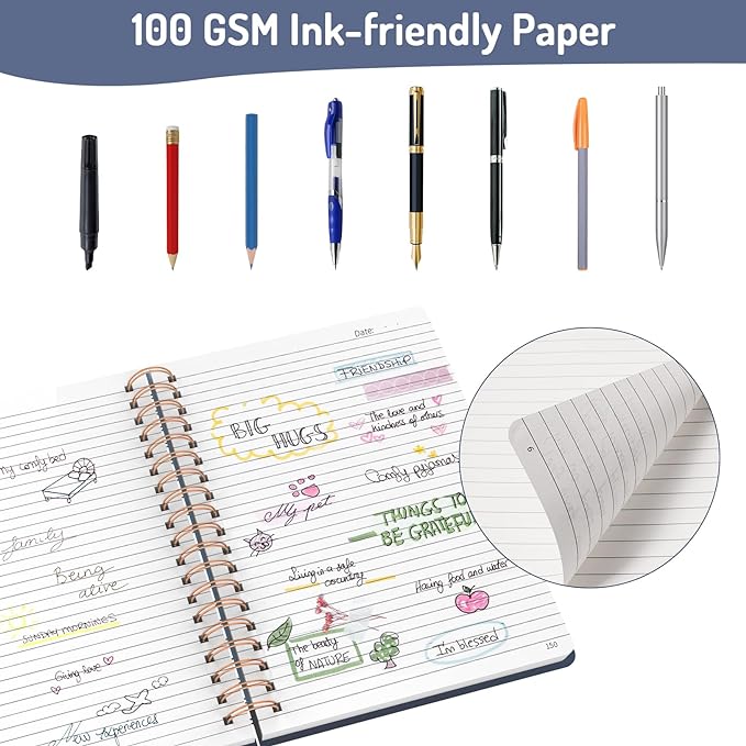 Forvencer A4 Lined Spiral Journal Notebook with 300 Numbered Pages, 11" X 8.5" College Ruled Thick Journals for Writing with 100GSM Paper, Hardcover Notebooks with Contents for Work, School, Navy
