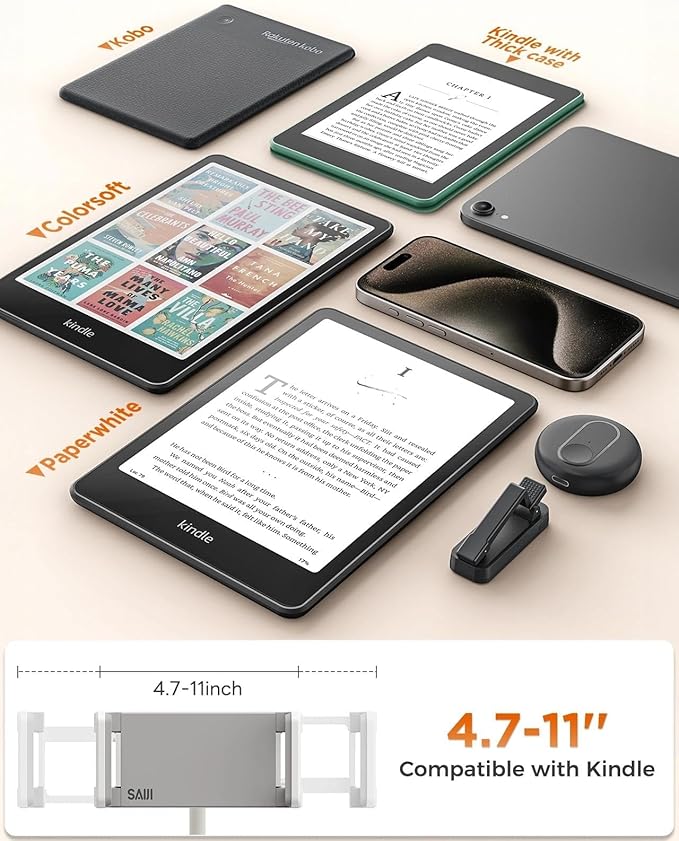 SAIJI Gooseneck Kindle Holder with Long Battery Remote Page Turner, Leather iPad Holder for Bed, 39.3 in Flexible Lazy Arm，Free Hands Kindle Accessories, Tablet Stand for Reading in Bed,Fits 4.7-11"