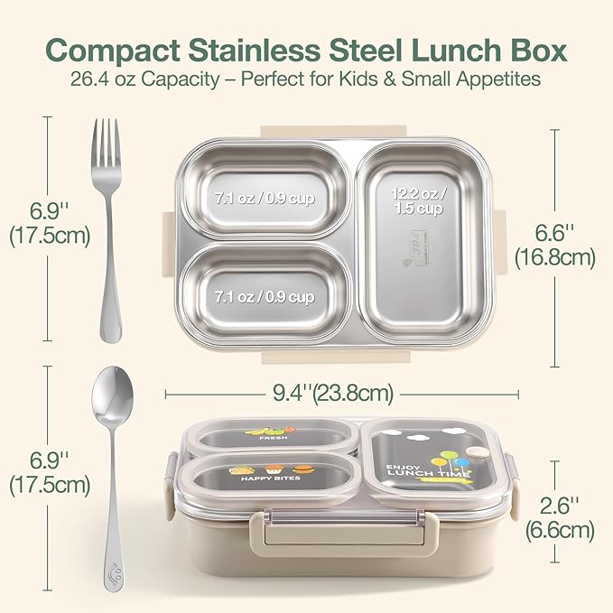 NUKied Stainless Steel Lunch Box for Kids & Adults, 3-Compartment Leak Proof Metal Bento Lunch Box with Fork & Spoon, 26.4 oz Airtight Food Storage Snack Container for School, Work, Travel (Beige)