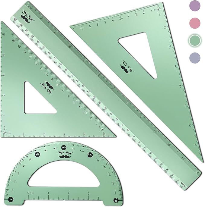 Mr. Pen- Metal Geometry Kit, 4 Pack, 45° & 30°/60° Set Squares, 6" Protractor & 12" Ruler, Durable Metal Drafting Tools for Technical Drawing, Math, Engineering & Architecture