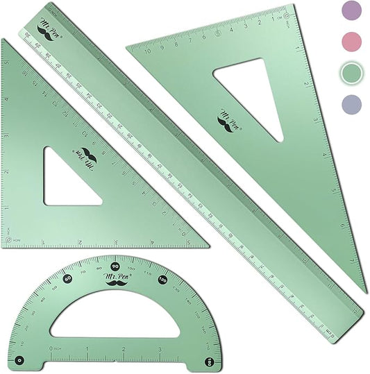 Mr. Pen- Metal Geometry Kit, 4 Pack, 45° & 30°/60° Set Squares, 6" Protractor & 12" Ruler, Durable Metal Drafting Tools for Technical Drawing, Math, Engineering & Architecture