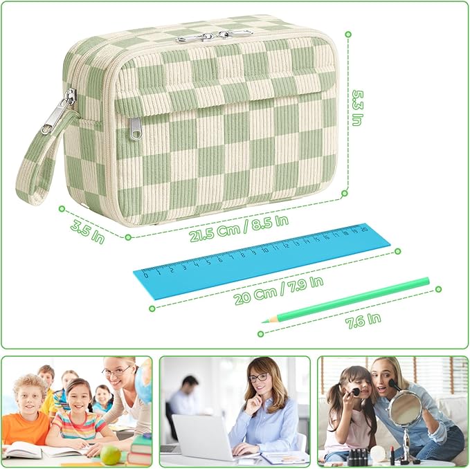 WOBAGMEN Cute Pencil Case,Large Corduroy Zippered Pencil Case Pouch, Aesthetic Pencil Bag with Compartments, Pencil Pouch School Supplies (Green checked)