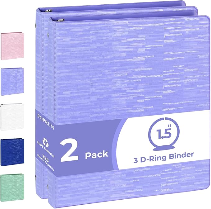 POPRUN 3 Ring Binder 1.5 Inch, PVC-Free, Holds 325 Sheets of 8.5 x 11 Paper, Extra Durable Organizer with 2 Pockets for School & Office, Heavy-Duty, 2 Pack, Cornflower Purple