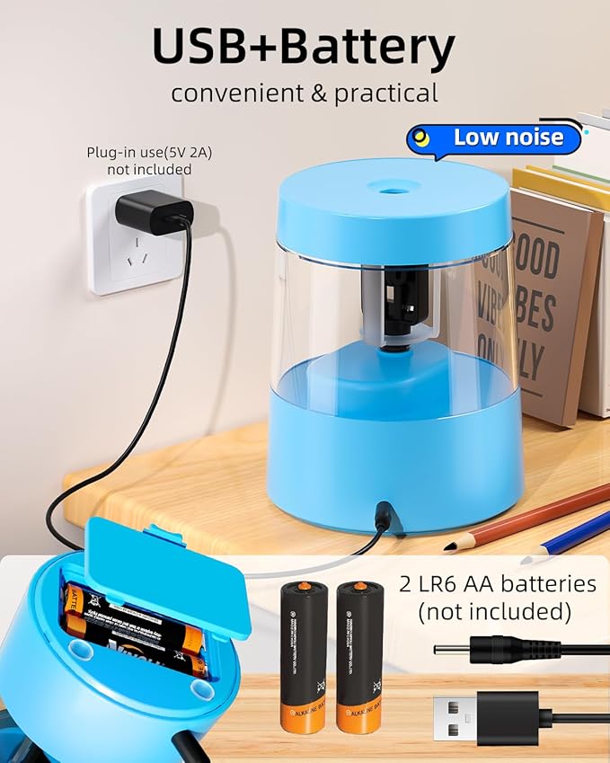 ZMOL Colored Pencil Electric Sharpener, Auto Stop, Plug-in Small Electric Sharpener Battery Powered for 6-8mm No. 2 Pencils Blue