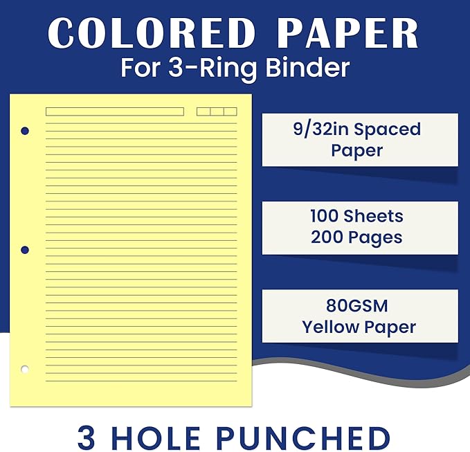 Light Yellow College Ruled Filler Paper – 8.5" x 11", 100 Sheets, 80gsm, 3-Hole Punched, Acid-Free – Pastel Binder Refill for School, Office & Note Organization
