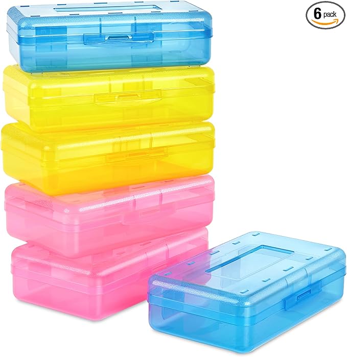 Sooez Plastic Pencil Case Box 6 Pack, Colored Large Craft Storage Bulk, Plastic Containers with Snap-tight Lids, Hobby Art School Supply Organizer, Marker Bead Pen Bins Organizer,Stackable, Clear