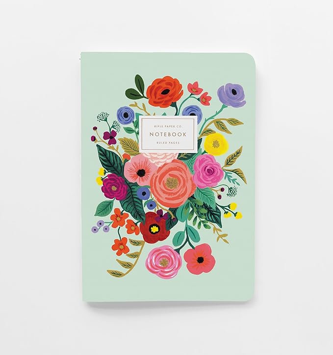 RIFLE PAPER CO. Garden Party Stitched Notebook Set, Set Of 3 Colorful Notebooks, 64 Ruled Pages With Gold Ink, Full Color Canvas Cover With White Text Paper Interior (6" W × 8.5" L)