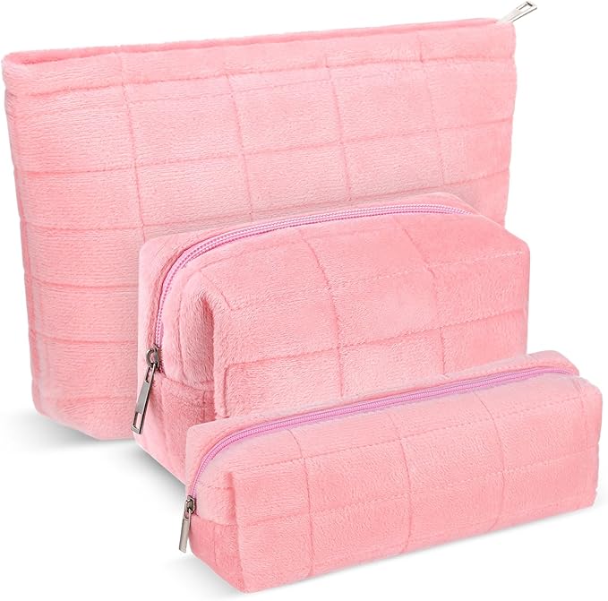 Huhumy 3 Pcs Puffy Makeup Bag Set Quilted Plush Emergency Pouch for Women Cute Checkered Travel Toiletry Bag Puffer Aesthetic Makeup Organizer Cosmetic Purse Pouch Preppy Pencil Case(Pink)