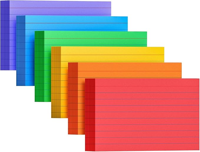 Colored Index Cards 3x5 Inches, 300 Count Neon Flash Cards with Ruled Lines, 6 Colors Portable Note Cards for School Study, College Office Home Organization, Durable To Do List Flashcards