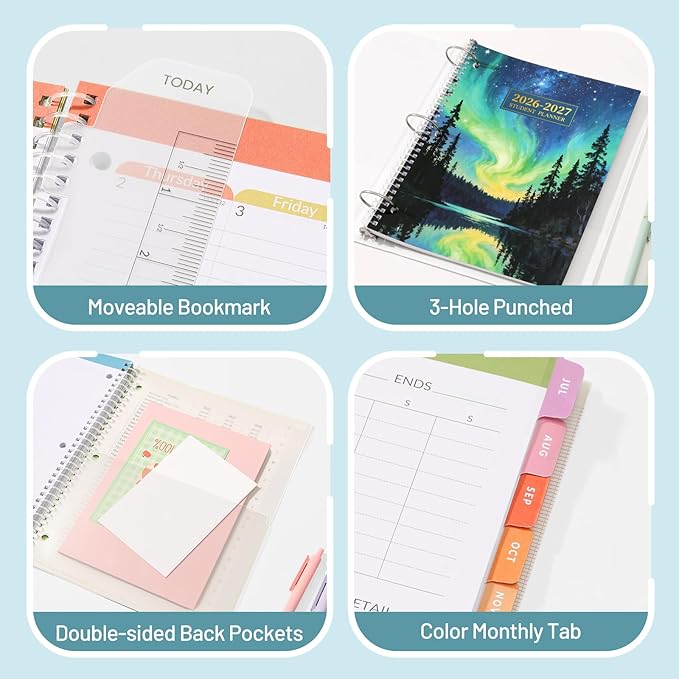 Student Planner 2026-2027, SUNEE Middle or High School Student Planner for Academic Year Jul. 2026 - Jun. 2027, 8.5"×11" Lesson Plan Book with 3-Hole Punched, Bookmark, Planning Stickers, Aurora Sky