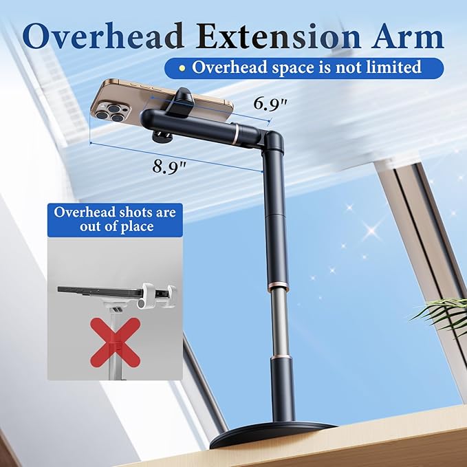 Angle Height Adjustable Phone Holder for Desk [10"-25"] - Retractable Cell Phone Holder for Video Recording Cooking Excising Working Reading -Aluminum iPhone 17 16 15 14 Pro Max Air Stand
