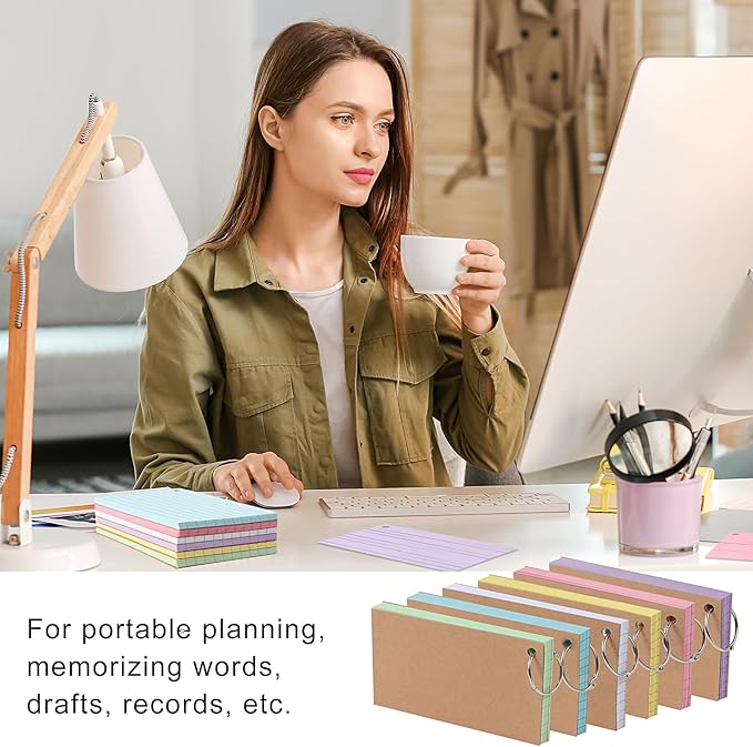 300 Flash Cards for Studying, 6 Pack Lined Index Cards with Key Ring, Multicolor Kraft Notecard for Note-taking, Language Learning, 12.5 * 7.5cm