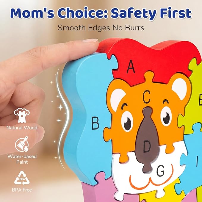 LovesTown Wooden Puzzles for Kids, Double Sided Lion Jigsaw with Alphabet & Numbers, Montessori Educational Toy for Toddlers, Chunky Animal Gift