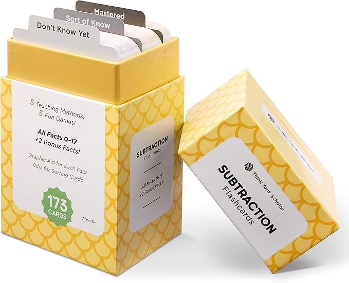 Think Tank Scholar 173 Subtraction Flash Cards Set (Award Winning) All Facts 0-17 Answer on Back, for Kids in Kindergarten, 1ST, 2ND, 3RD, 4TH Grade Class or Homeschool - Learn Math Manipulatives