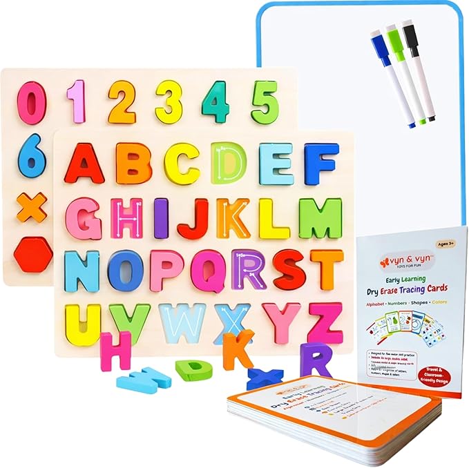5-in-1 Wooden Puzzles for Toddlers 3-5 | Montessori Alphabet Number Shape Learning Toys | Magnetic Whiteboard, Flashcards & Markers | Preschool Educational Activity Kit | VYN & VYN (Rainbow)