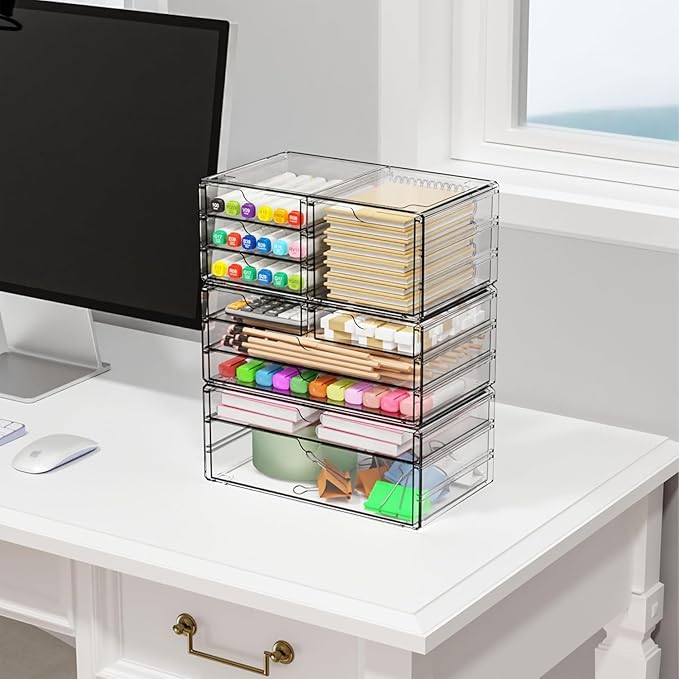 Yieach 3Pack Clear Drawer Organizers Stackable,Acrylic Storage Drawers With 10 Drawers,Multipurpose Office Supply Organizer and Makeup Organizer for Beauty,Craft,Pen,Medical,Stationary Desk Organizers