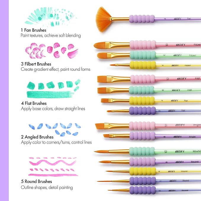 Artify Paint Brushes for Kids, 15-Sizes Paint Brush Set for Kid's Arts and Crafts, Ergonomic Donuts Handle | Macaron Colors Kids Paint Brushes, for Acrylic, Oil, Watercolor, Gouache, Paint by Numbers