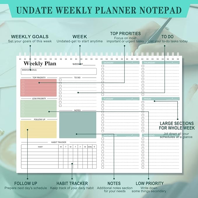 Ymumuda Weekly To Do List Notepad - Daily To Do List Undated 52 - Week Sheets, 8.5x11" Weekly Goal Notebook, Habit Tracker Journal, Excellent for Student School Work Personal Productivity Organizer