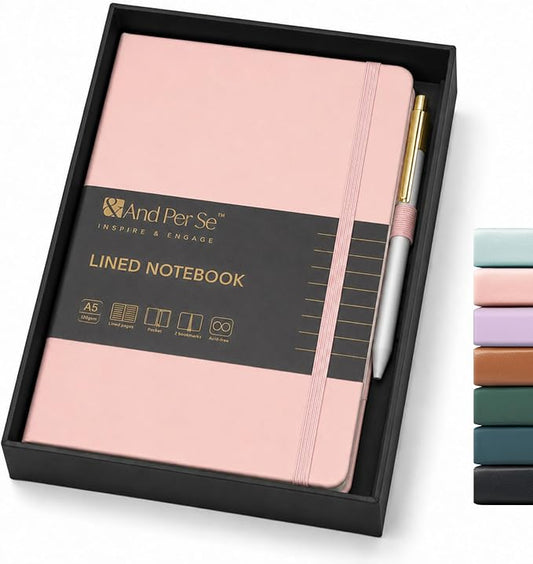 &And Per Se Lined Journal with Pen Set, A5 Leather Hardcover Notebook and Pen, 160 Pages 100GSM Thick Ruled Paper Journal for Writing (Pink)