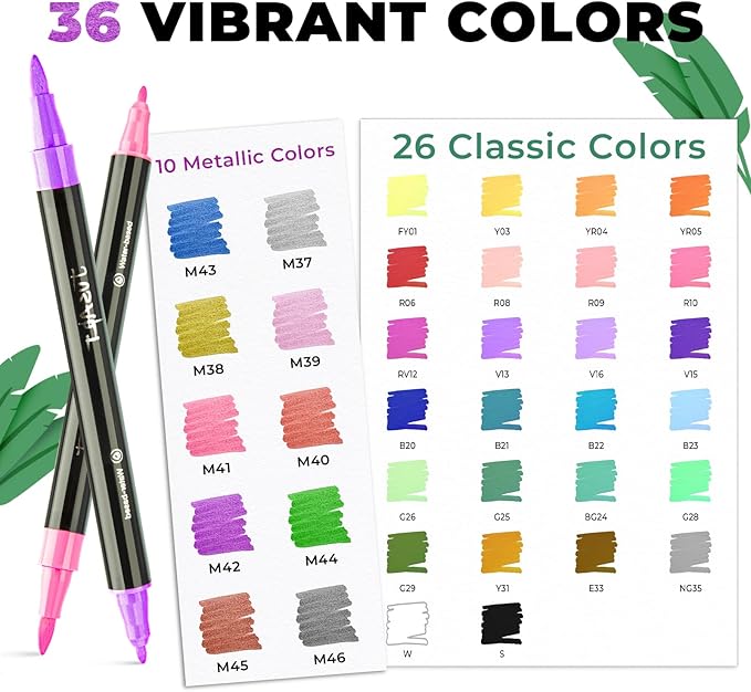 JusArt 36 Colors Acrylic Paint Markers Set with Canvas Bag, Dual Tips with Brush Tip & Fine Tip, No-Bleed, Waterproof, Non-Toxic & Odorless Paint Pens for Rock, Egg, Wood, Canvas, Glass, Ceramic, DIY