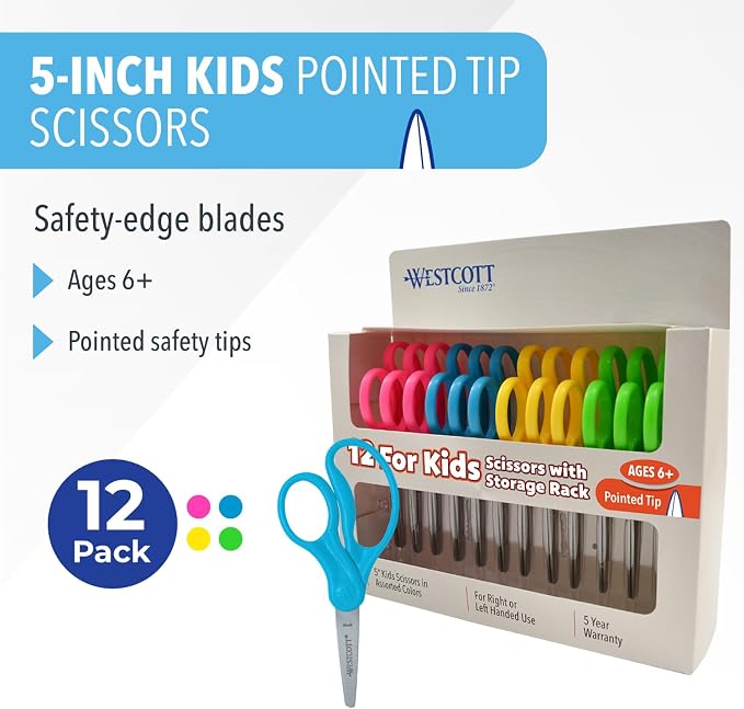 Westcott Right & Left-Handed Scissors For Kids - Back to School Essentials, Classroom Must Haves, Art Supplies - 5-Inch Pointed Safety Scissors - Assorted Colors - 12 Pack (ACM13141)