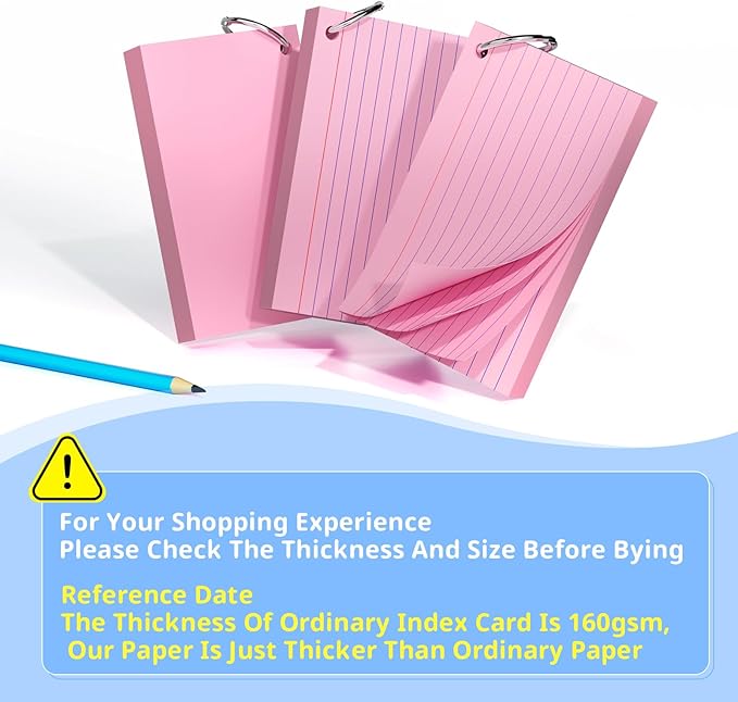 Index Cards 3x5 Inches, 300 PCS, Pink Flash Cards With Ring, Punched Lined Study Card Ruled Flashcards Notecards, Ruled Front And Blank Back, Note Card for School, College And Home