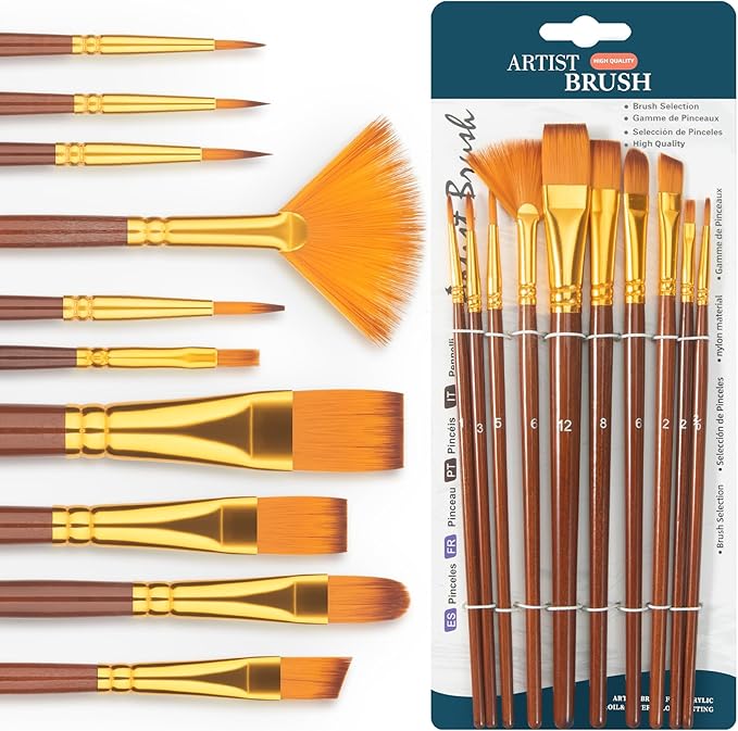 Paint Brushes Set, 10 PCS Professional Artist Painting Brushes Kit for Acrylic Watercolor Oil Gouache Painting - for Beginners or Artists (Brown)