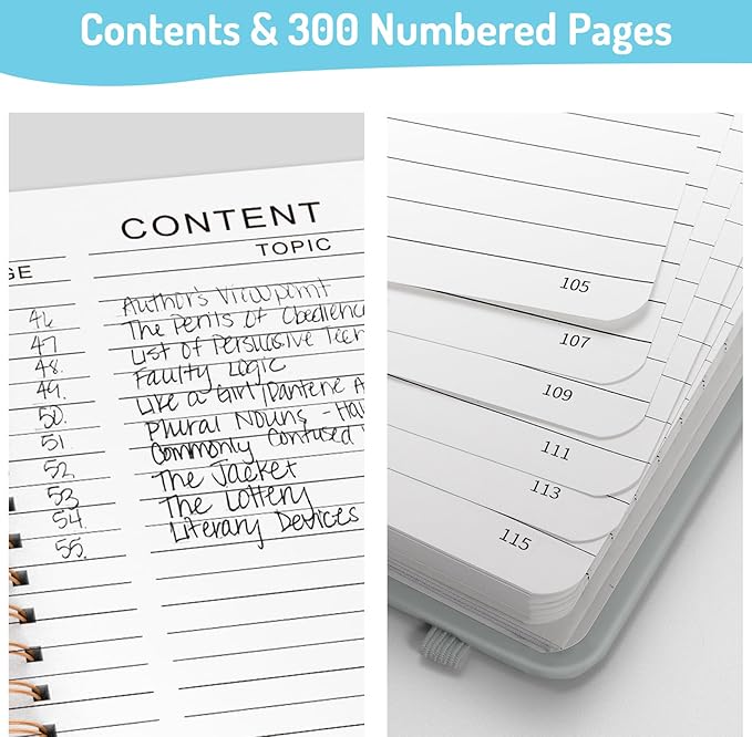 Forvencer Lined Spiral Journal Notebook with 300 Numbered Pages, A5 Thick Journals for Writing with 100GSM Paper, Hardcover Notebooks with Contents for Work, School, Women, Men, Grey