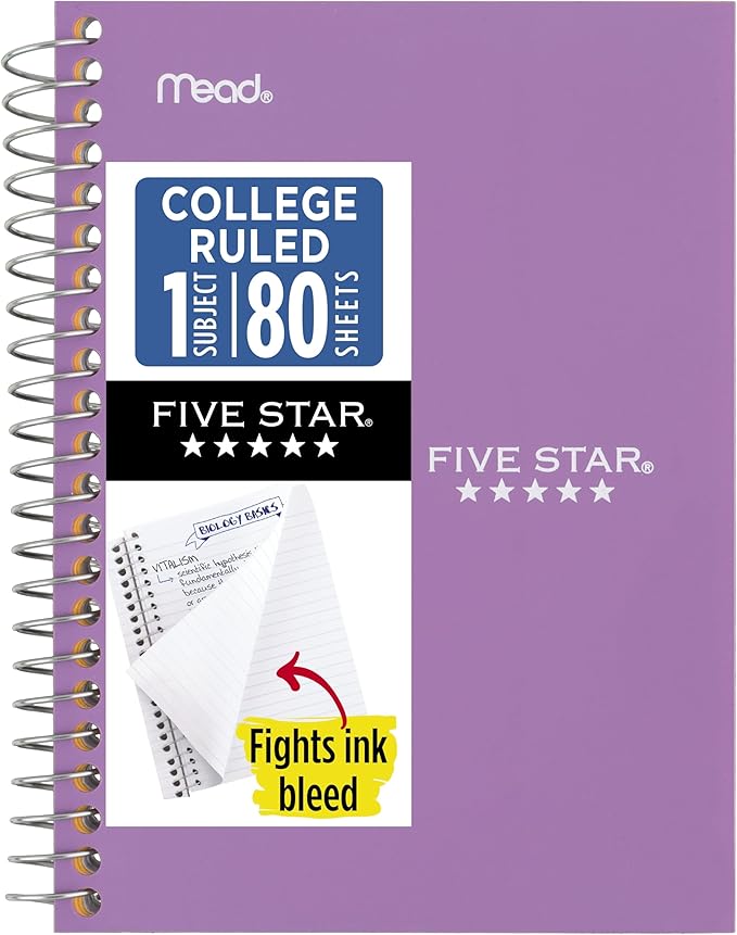 Five Star Spiral Notebook, 1 Subject, College Ruled Paper, 4-3/8" x 7", Personal Size, 80 Sheets, Fights Ink Bleed, Water Resistant Cover, Amethyst Purple (450048CF1-ECM)
