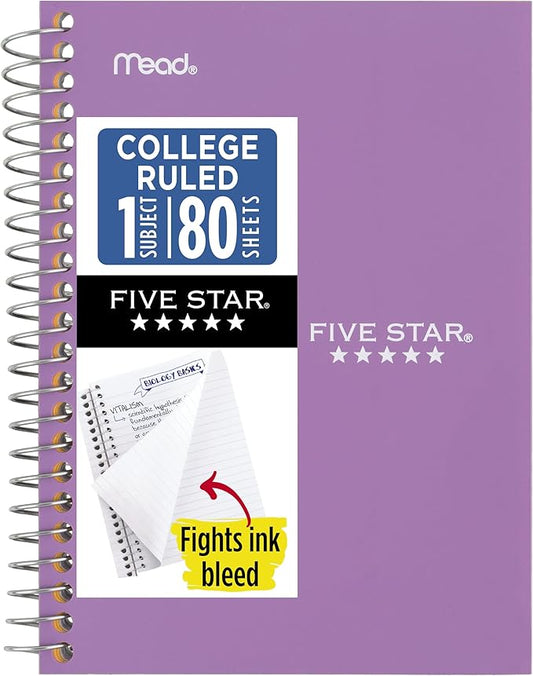 Five Star Spiral Notebook, 1 Subject, College Ruled Paper, 4-3/8" x 7", Personal Size, 80 Sheets, Fights Ink Bleed, Water Resistant Cover, Amethyst Purple (450048CF1-ECM)