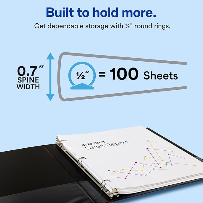 Avery Standard View 3 Ring Binders, 0.5" Round Rings, 100-Sheet Capacity, 0.7 Inch Wide Spine, White Binders, Ideal for Lightweight Organization and Occasional Referencing (12-Pack of 05706)