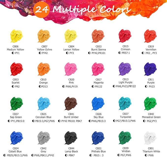 Caliart Acrylic Paint Set with 12 Brushes, 24 Colors Wood Craft Paints for Adults Kids Artists Beginners, Rich Pigments Non-toxic, Halloween Pumpkin Canvas Ceramic Rock Painting Kit Art Supplies