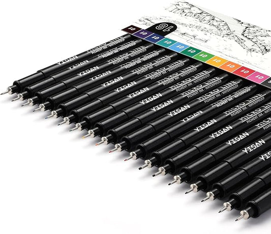 YISAN 18-Pack Colored Drawing Markers for Artists,Fineliner Pens,Micro-line Pens,11 Waterproof Archival Ink Colors Felt Tip & 7 Black,70344